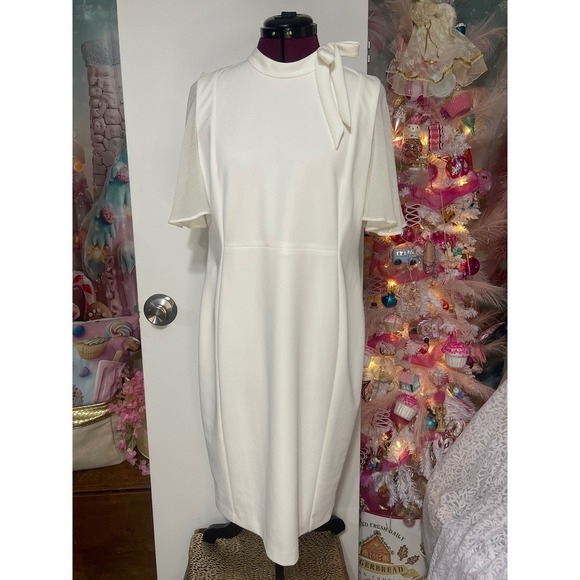Calvin Klein Dresses & Skirts - Calvin Klein Sheath Dress Women 16W White Good Tie Neck Flutter Sleeve D3CP2W